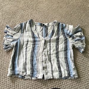 DREW blouse button down. Hints of gray, white, mint green and light blue.